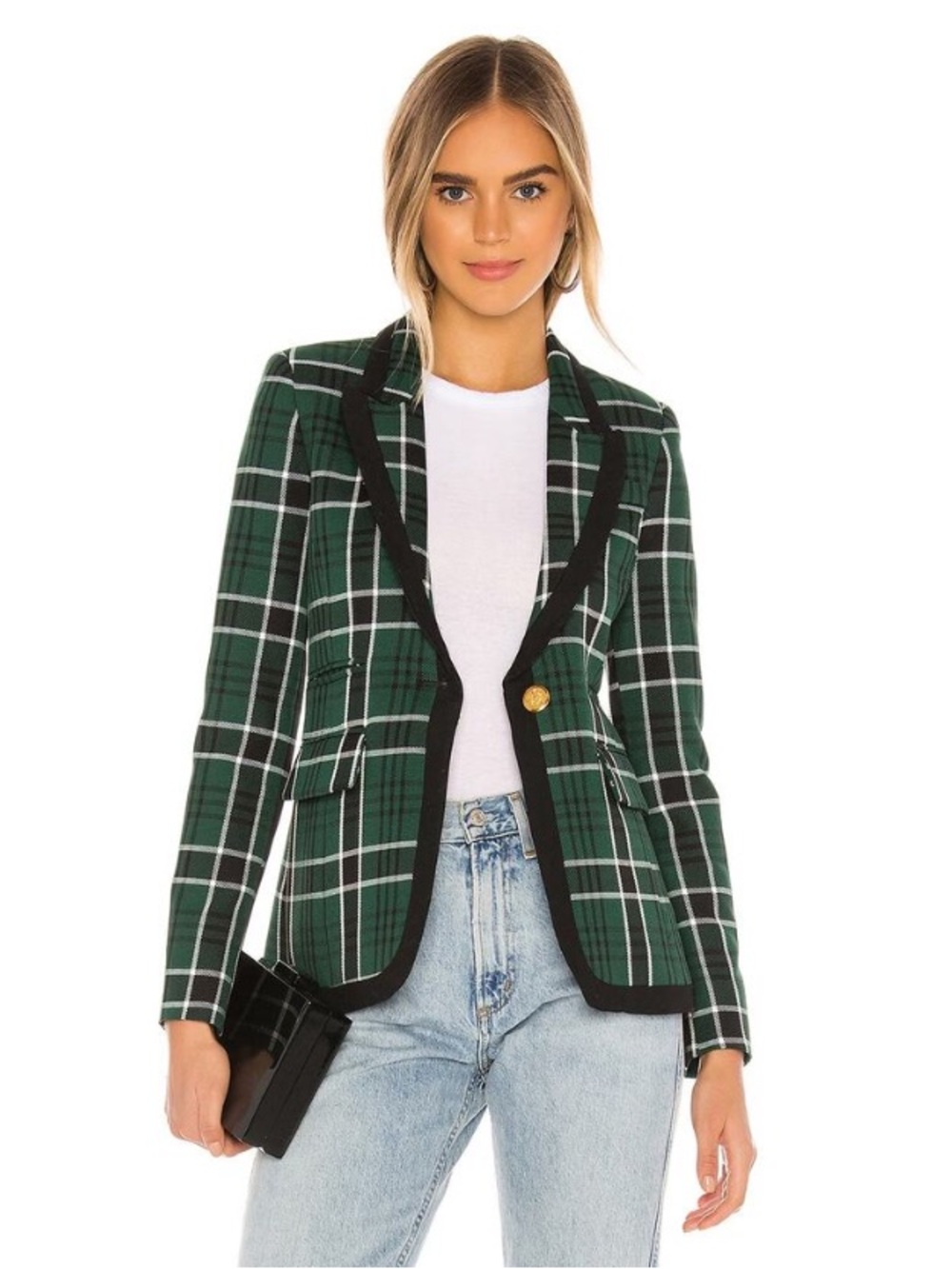 Smythe Taped Peaked Lapel Blazer in a hunter green tartan plaid pattern size 14